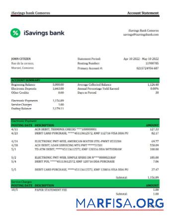 Realistic Comoros iSavings bank statement excel real example